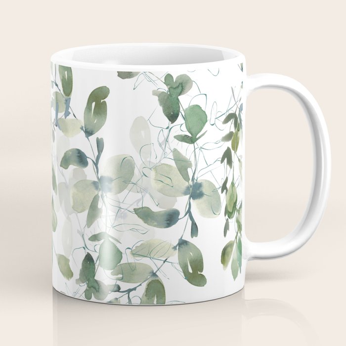 Festive, Watercolor, Leaves Print, White and Green Coffee Mug Gallery Image 1