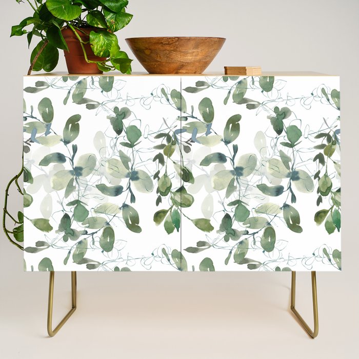 Festive, Watercolor, Leaves Print, White and Green Credenza Gallery Image 1