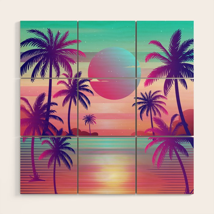 Sunset Palm Trees Vaporwave Aesthetic Wood Wall Art