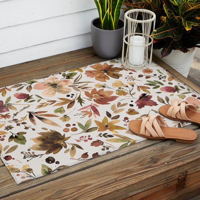 Harvest 2025 Artistic Autumn Floral Leaves Brown Outdoor Rug Gallery Image 2