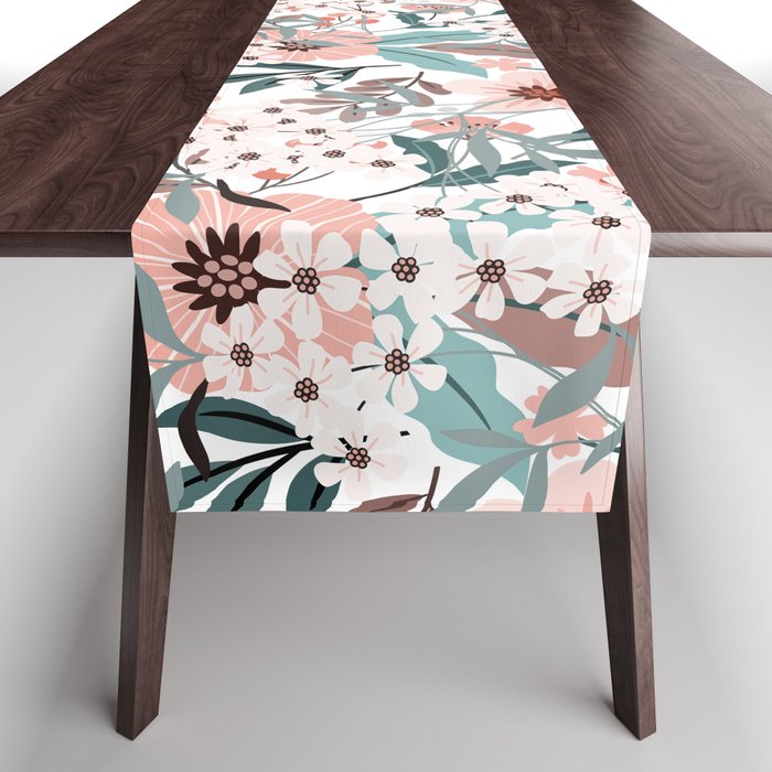 Spring Wildflowers, Floral Prints, Soft Pink and Teal Table Runner Gallery Image 1