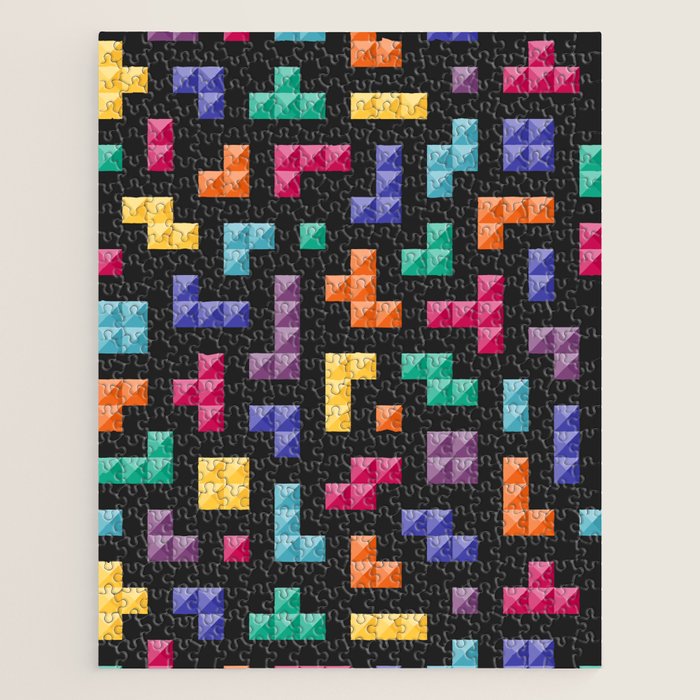 Tetris bricks jewel tones on black pattern Jigsaw Puzzle Gallery Image 1