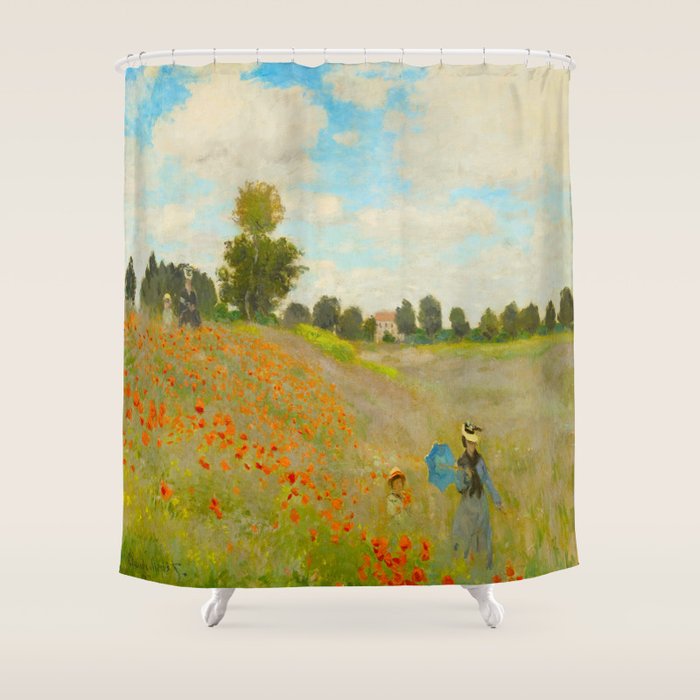 Claude Monet Impressionist Landscape Oil Painting Poppy Field Shower Curtain Gallery Image 1