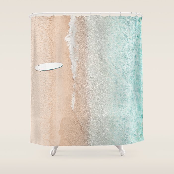 Surfer Print, Surfing Beach Print, Beach Print, Aerial Beach Surfboard Wall Art Print, Beach Photography, Summer Vibes, Minimalism Art Print Shower Curtain Gallery Image 1