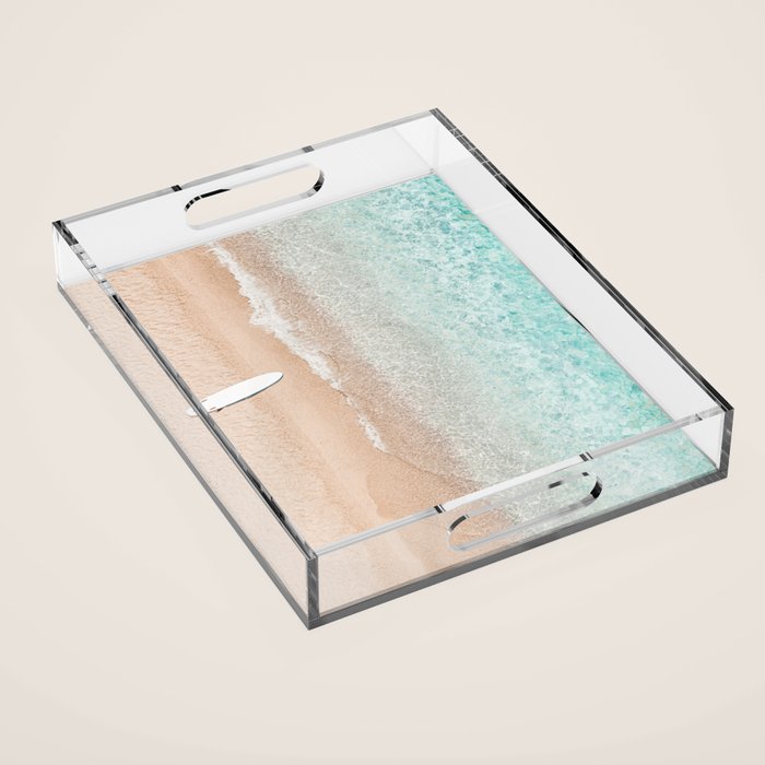 Surfer Print, Surfing Beach Print, Beach Print, Aerial Beach Surfboard Wall Art Print, Beach Photography, Summer Vibes, Minimalism Art Print Acrylic Tray Gallery Image 1