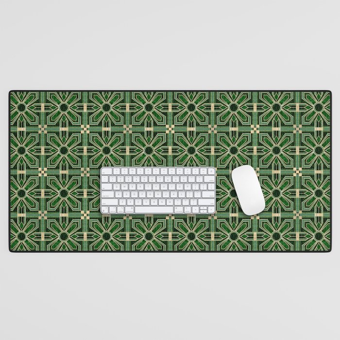 Art Deco Floral Tiles in Emerald Green and Faux Gold Desk Mat Gallery Image 1