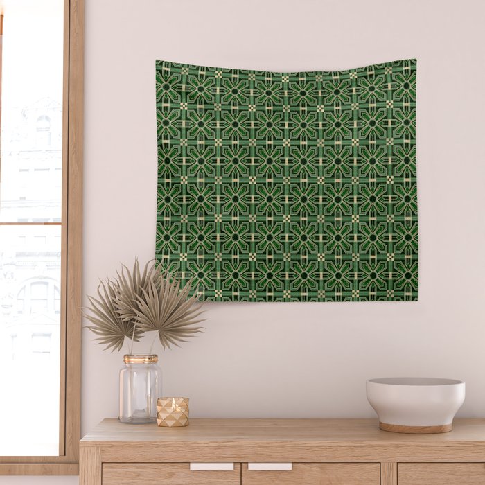 Art Deco Floral Tiles in Emerald Green and Faux Gold Wall Tapestry Gallery Image 2