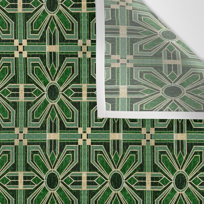 Art Deco Floral Tiles in Emerald Green and Faux Gold Wall Tapestry Gallery Image 3