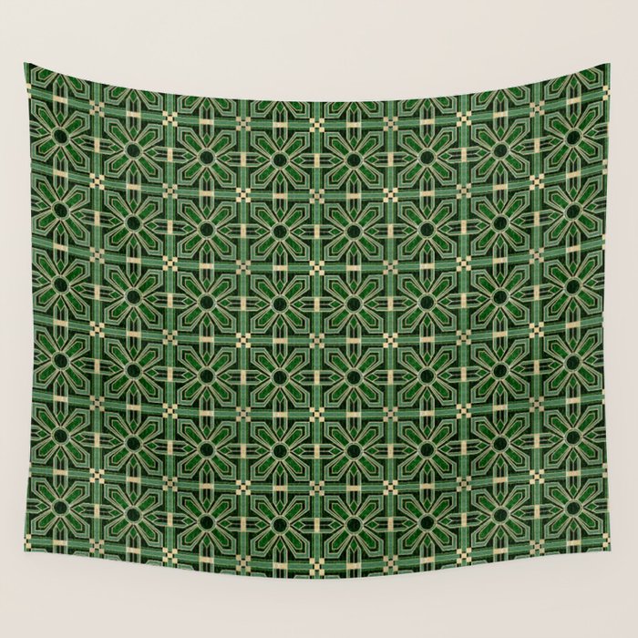 Art Deco Floral Tiles in Emerald Green and Faux Gold Wall Tapestry Gallery Image 1