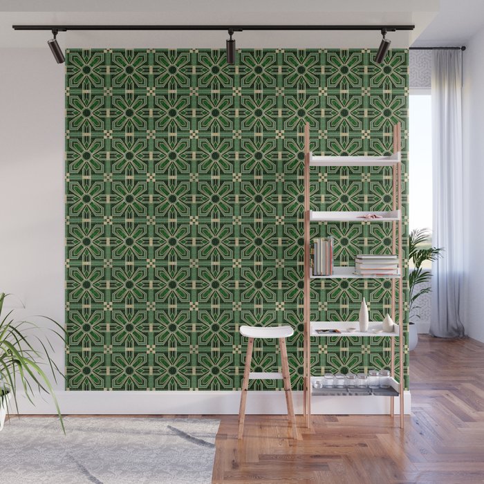 Art Deco Floral Tiles in Emerald Green and Faux Gold Wall Mural Gallery Image 1