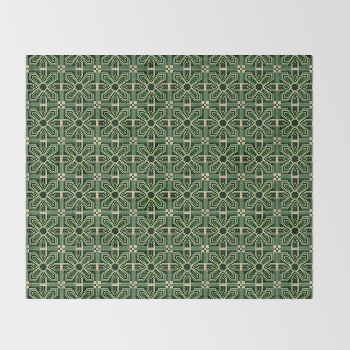 Art Deco Floral Tiles in Emerald Green and Faux Gold Throw Blanket Gallery Image 2