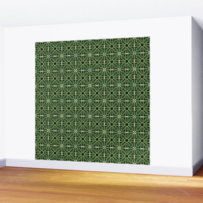 Art Deco Floral Tiles in Emerald Green and Faux Gold Wall Mural Gallery Image 2