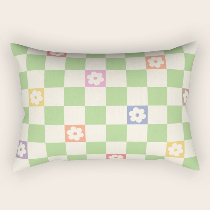 Colorful Flowers Green Check  Rectangular Pillow Gallery Image 1