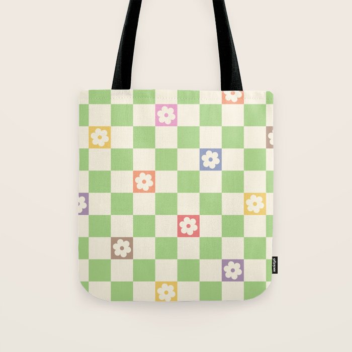 Colorful Flowers Green Check  Tote Bag Gallery Image 1