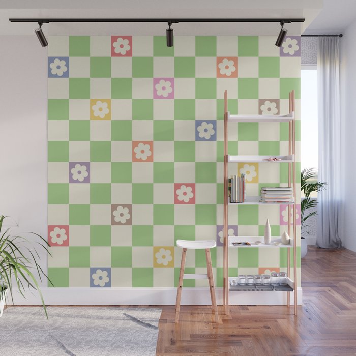 Colorful Flowers Green Check  Wall Mural Gallery Image 1
