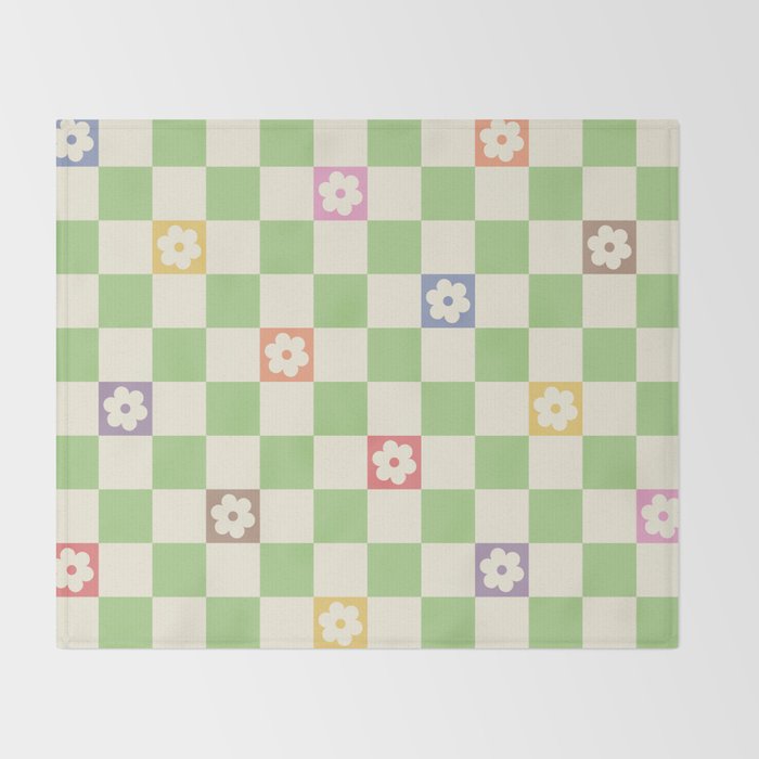 Colorful Flowers Green Check  Throw Blanket Gallery Image 2
