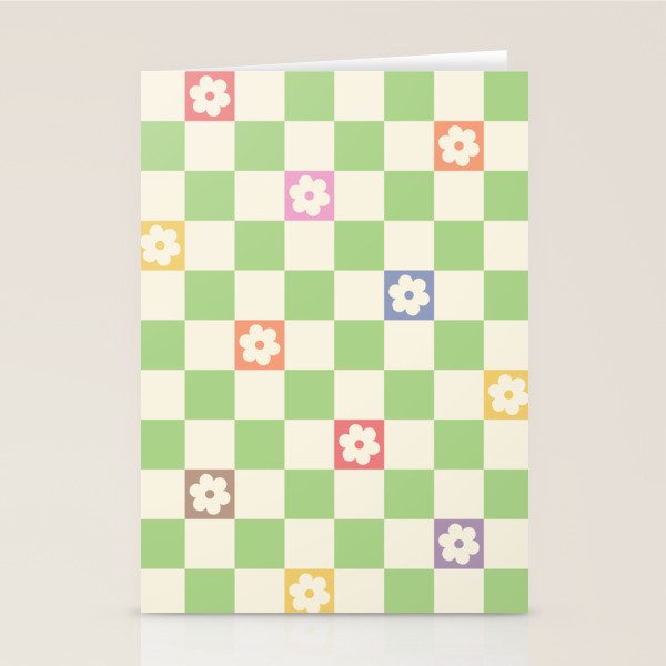 Colorful Flowers Green Check  Stationery Card Gallery Image 1