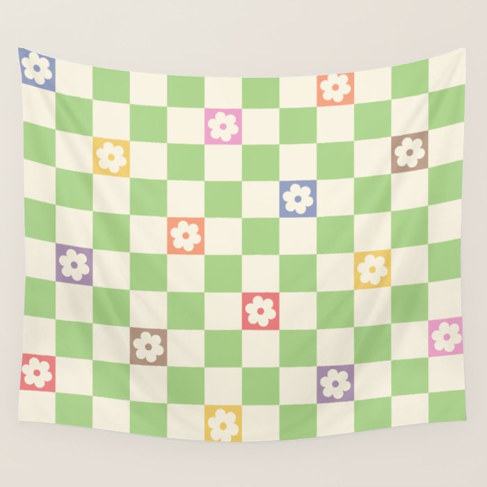 Colorful Flowers Green Check  Wall Tapestry Gallery Image 1