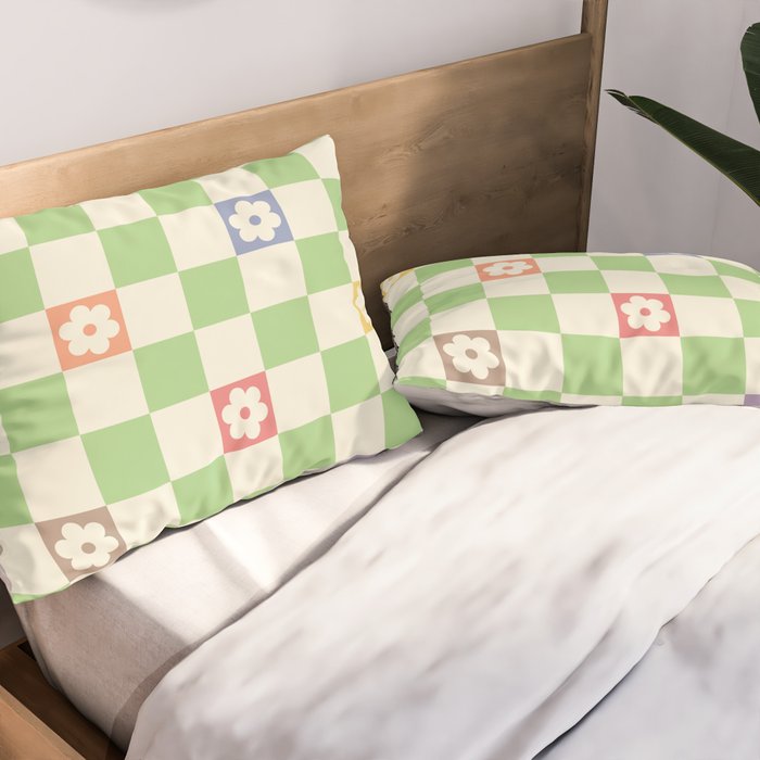 Colorful Flowers Green Check  Pillow Sham Gallery Image 2