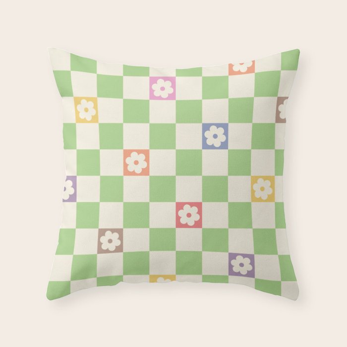 Colorful Flowers Green Check  Throw Pillow Gallery Image 6