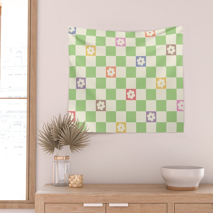 Colorful Flowers Green Check  Wall Tapestry Gallery Image 2