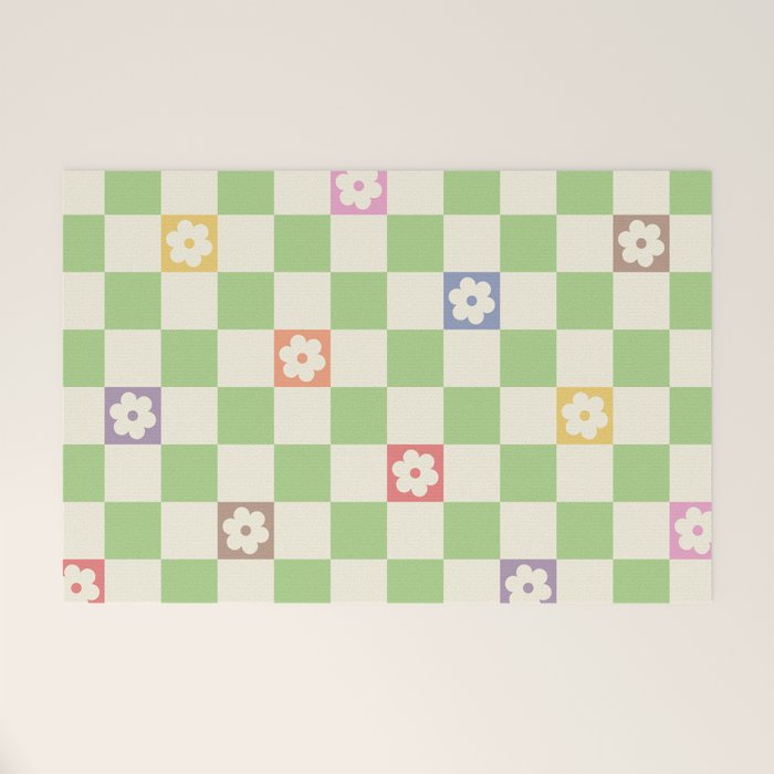 Colorful Flowers Green Check  Welcome Mat Gallery Image 1