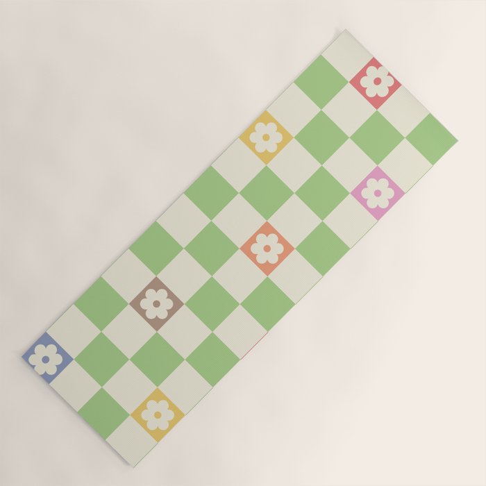 Colorful Flowers Green Check  Yoga Mat Gallery Image 1