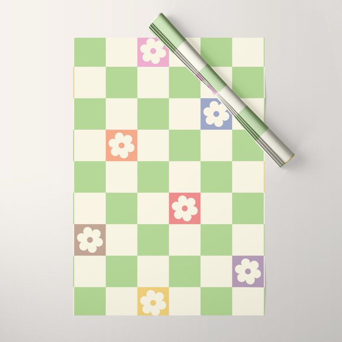 Colorful Flowers Green Check  Wrapping Paper Gallery Image 1