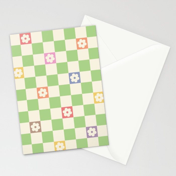 Colorful Flowers Green Check  Stationery Card Gallery Image 2