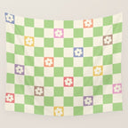 Colorful Flowers Green Check  Wall Tapestry Gallery Image 4