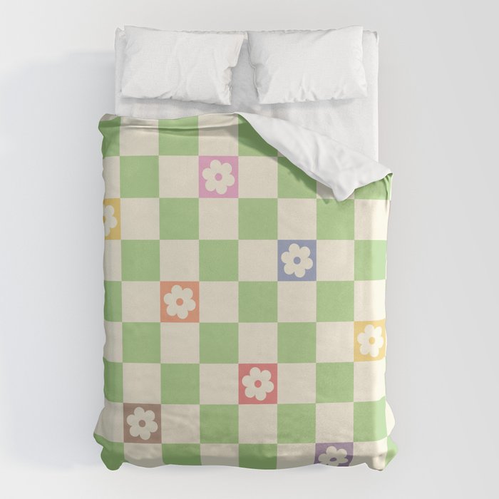 Colorful Flowers Green Check  Duvet Cover Gallery Image 6