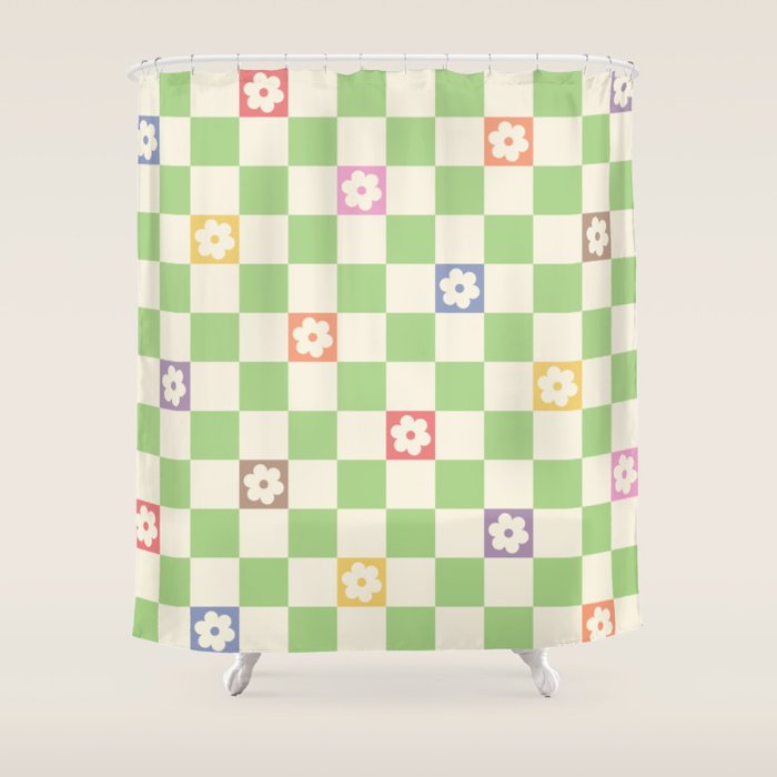Colorful Flowers Green Check  Shower Curtain Gallery Image 1
