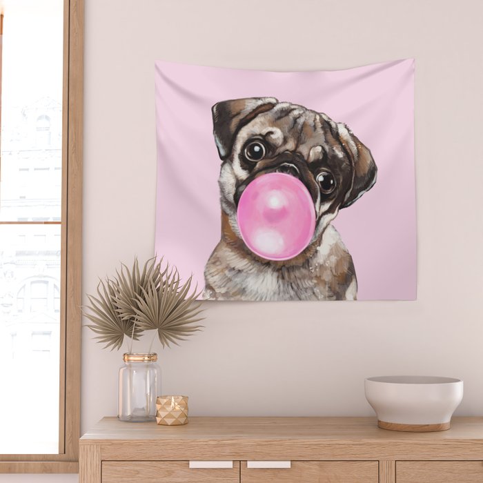 Pug with Pink Bubble Gum Wall Tapestry Gallery Image 2