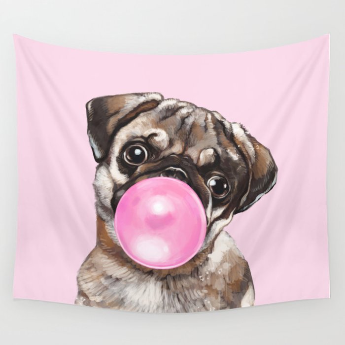 Pug with Pink Bubble Gum Wall Tapestry Gallery Image 1