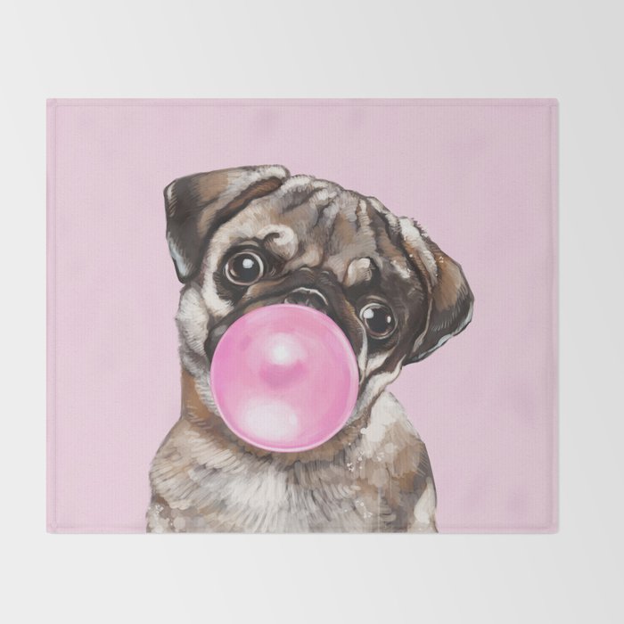 Pug with Pink Bubble Gum Throw Blanket Gallery Image 2