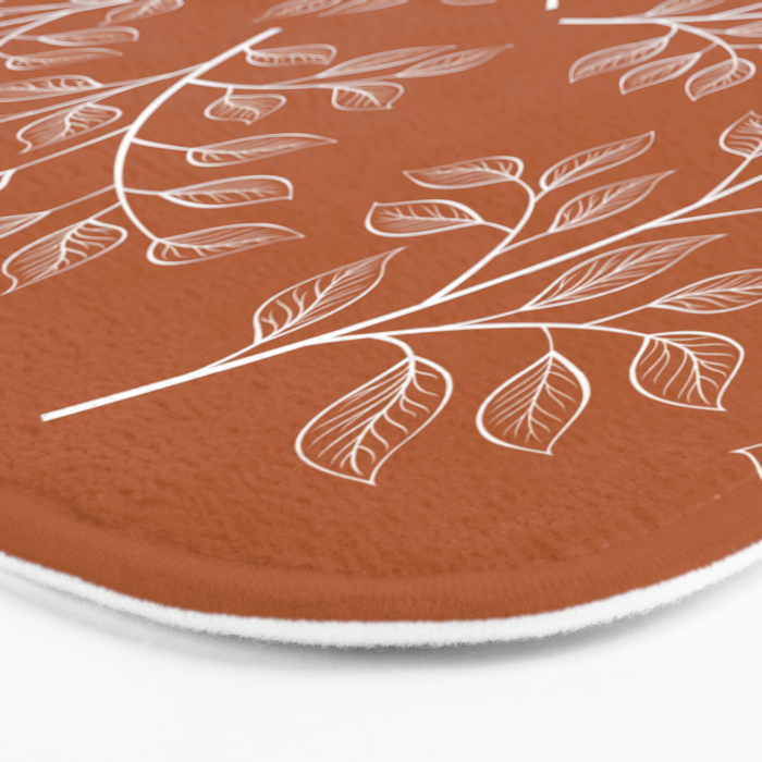 Delicate White Leaves and Branch on a Rust Orange Background Bath Mat Gallery Image 3