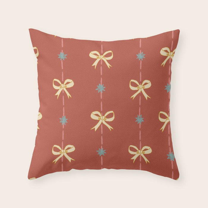 Cute Hair Bows & Stars in Burnt Red & Yellow Throw Pillow Gallery Image 1