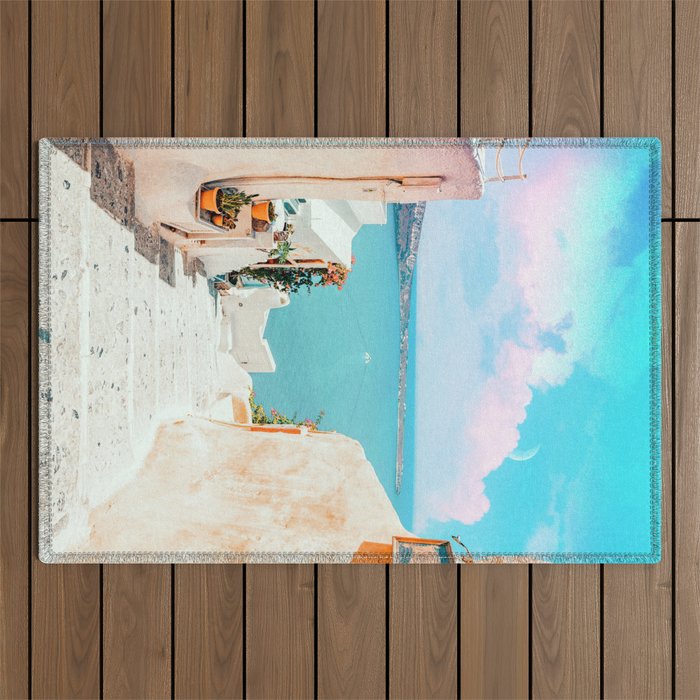 Surreal Greece, Tropical Travel Scenic Photography, Colorful Pastel Landscape Bohemian Architecture Outdoor Rug Gallery Image 1