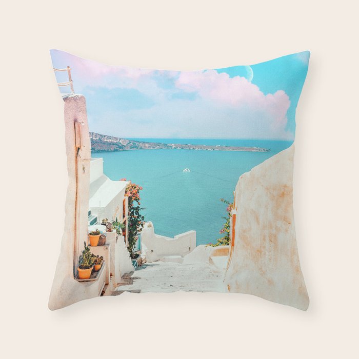 Surreal Greece, Tropical Travel Scenic Photography, Colorful Pastel Landscape Bohemian Architecture Throw Pillow Gallery Image 1