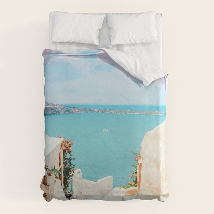 Surreal Greece, Tropical Travel Scenic Photography, Colorful Pastel Landscape Bohemian Architecture Duvet Cover Gallery Image 6