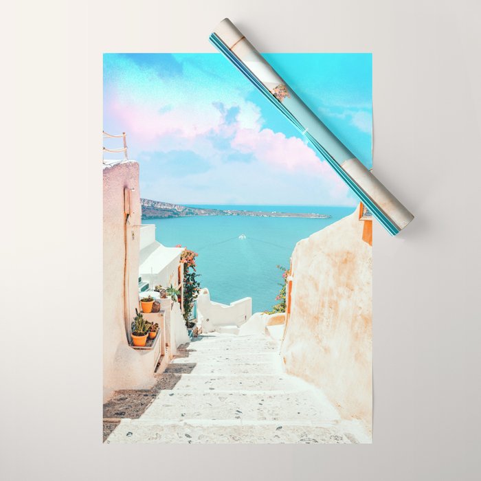 Surreal Greece, Tropical Travel Scenic Photography, Colorful Pastel Landscape Bohemian Architecture Wrapping Paper Gallery Image 1
