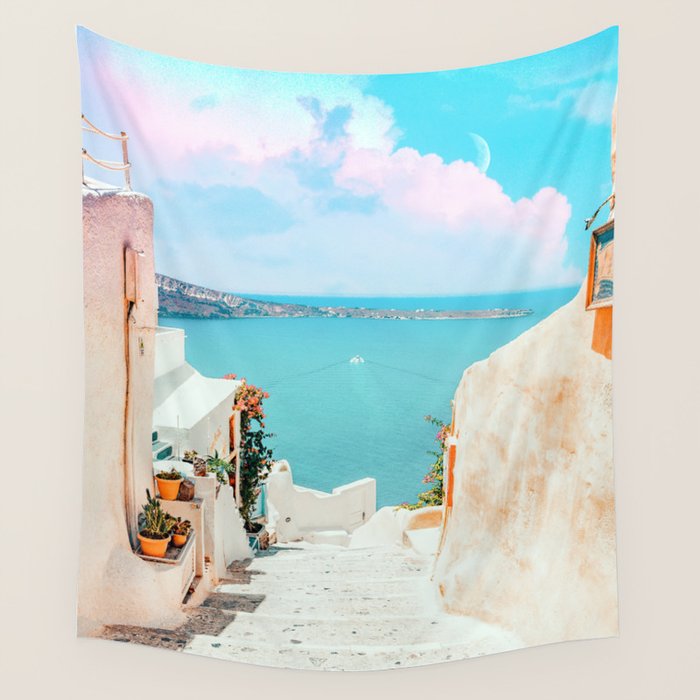 Surreal Greece, Tropical Travel Scenic Photography, Colorful Pastel Landscape Bohemian Architecture Wall Tapestry Gallery Image 1