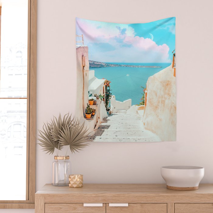 Surreal Greece, Tropical Travel Scenic Photography, Colorful Pastel Landscape Bohemian Architecture Wall Tapestry Gallery Image 2