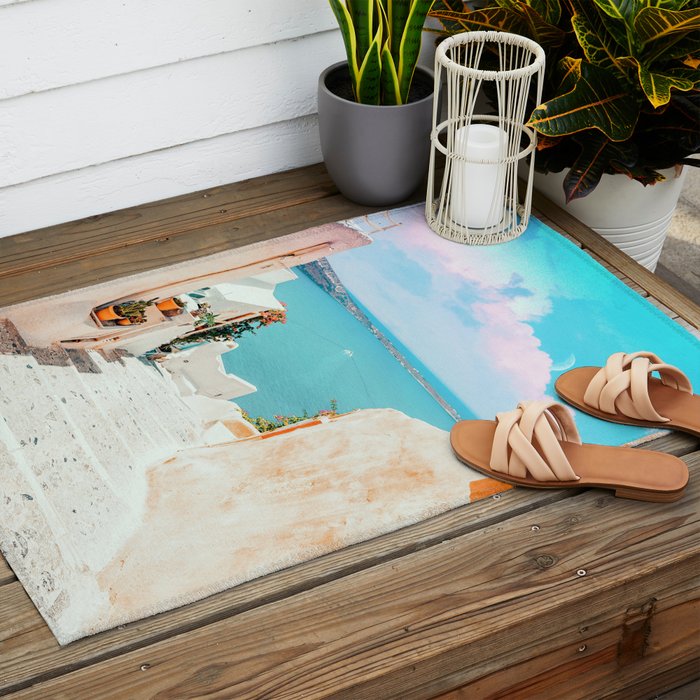 Surreal Greece, Tropical Travel Scenic Photography, Colorful Pastel Landscape Bohemian Architecture Outdoor Rug Gallery Image 2