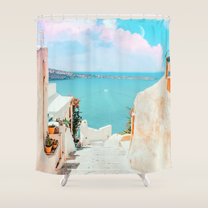 Surreal Greece, Tropical Travel Scenic Photography, Colorful Pastel Landscape Bohemian Architecture Shower Curtain Gallery Image 1