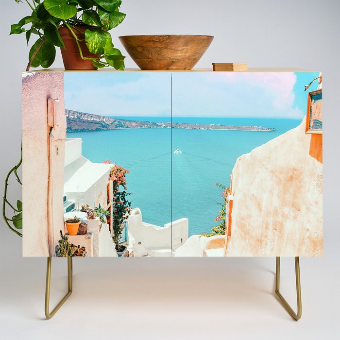 Surreal Greece, Tropical Travel Scenic Photography, Colorful Pastel Landscape Bohemian Architecture Credenza Gallery Image 1
