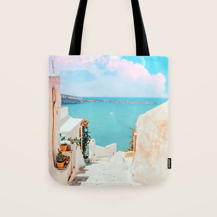Surreal Greece, Tropical Travel Scenic Photography, Colorful Pastel Landscape Bohemian Architecture Tote Bag Gallery Image 1
