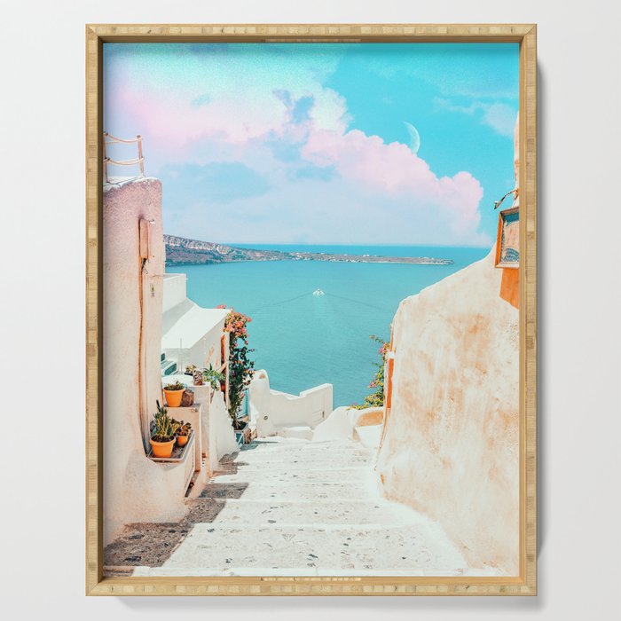Surreal Greece, Tropical Travel Scenic Photography, Colorful Pastel Landscape Bohemian Architecture Serving Tray Gallery Image 1