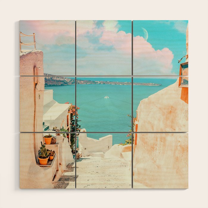 Surreal Greece, Tropical Travel Scenic Photography, Colorful Pastel Landscape Bohemian Architecture Wood Wall Art Gallery Image 1
