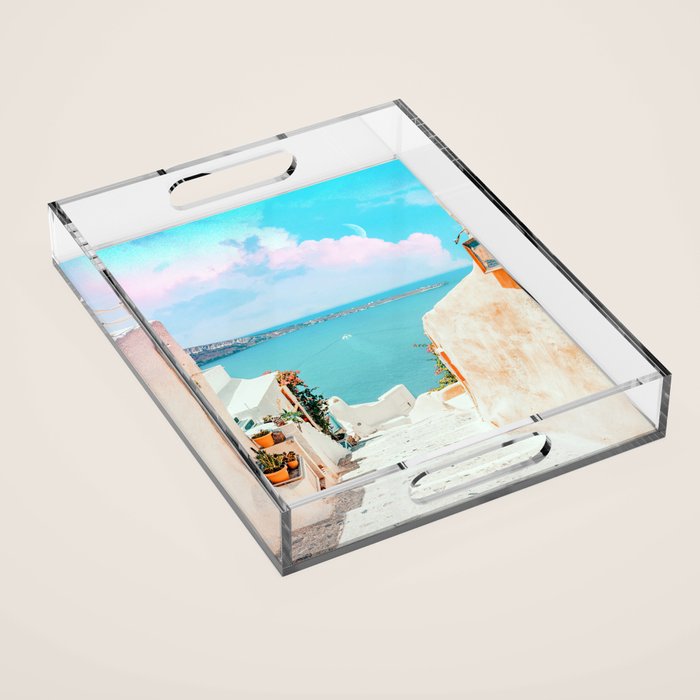 Surreal Greece, Tropical Travel Scenic Photography, Colorful Pastel Landscape Bohemian Architecture Acrylic Tray Gallery Image 1